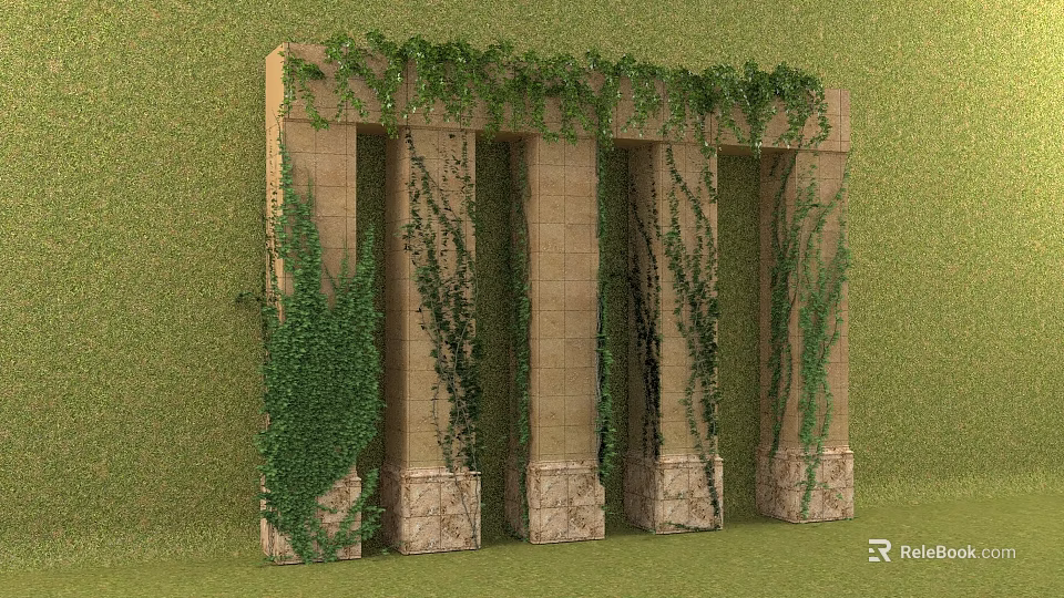 Green Vines Covering Ancient Stone Wall With Tall Columns And Lush Foliage 3d model 