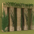 Green Vines Covering Ancient Stone Wall With Tall Columns And Lush Foliage
