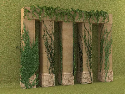 Green Vines Covering Ancient Stone Wall With Tall Columns And Lush Foliage 3d model