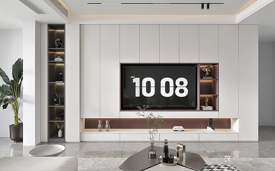 Modern TV Background Cabinet With White Cabinets Open Shelves And Decorative Plants In Living Room 3d model 