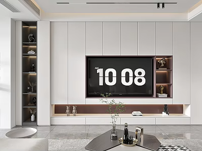 Modern TV Background Cabinet With White Cabinets Open Shelves And Decorative Plants In Living Room 3d model