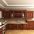 Elegant Traditional Kitchen Interior With Wooden Cabinets Striped Wallpaper And Countertop