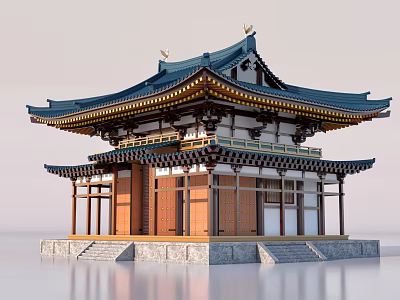 Ancient Traditional Building With Blue Tiled Roof Wooden Structure Ornate Decorations And Stone Steps 3d model