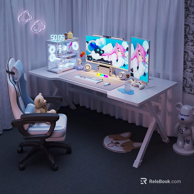 Gaming Desk and Chair Set With Dual Monitors Keyboard Stuffed Toys Neon Decor Rabbit Mat 3d model 