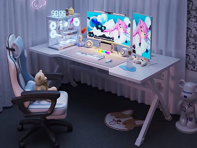 Gaming Desk and Chair Set With Dual Monitors Keyboard Stuffed Toys Neon Decor Rabbit Mat 3d model
