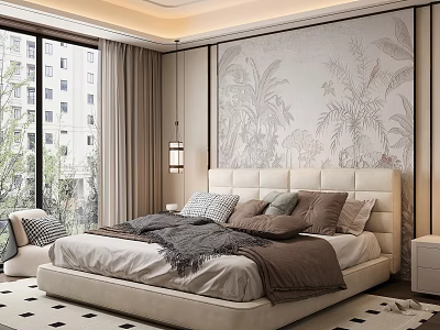 Elegant Modern Bedroom Interior With Upholstered Headboard Tropical Wall Art And Accent Pillows 3d model