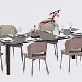 Dining Table Set with Light Gray Chairs Dark Wood Tabletop Tableware Flower Vase Decorative Items 3d model
