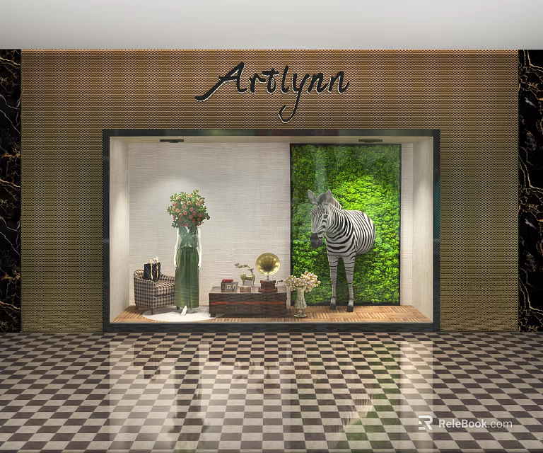 Aorilyan Shop Window Display With Green Plant Wall Zebra Statue And Decorative Items 3d model 