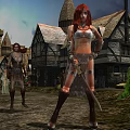 Cartoon Medieval Village Scene Featuring Castle Red Flag Stone Path And Traditional Character