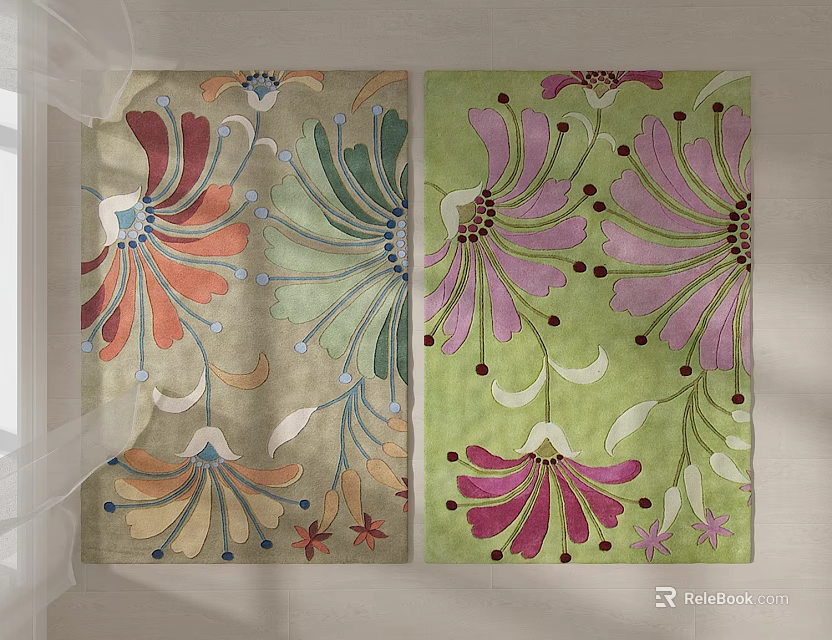 Colorful Square Rugs Featuring Floral Patterns On Beige And Green Bases 3d model 