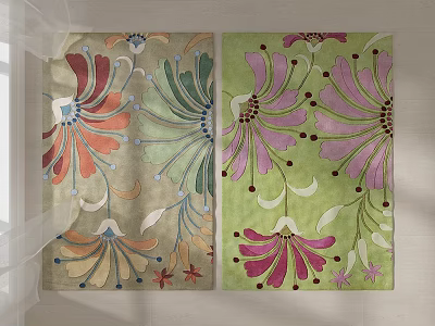 Colorful Square Rugs Featuring Floral Patterns On Beige And Green Bases 3d model