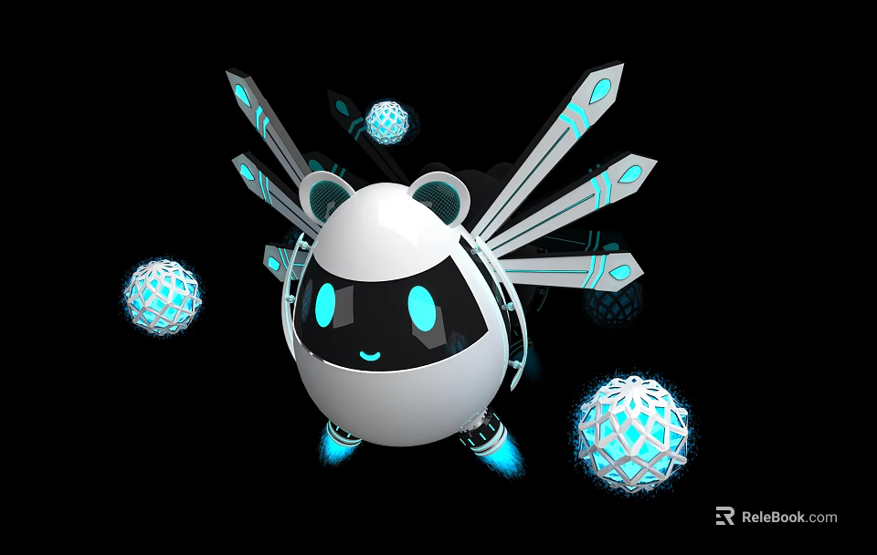 Smart Robot With White Panda Head Design Blue Eyes Glowing Elements And Blue Spherical Objects 3d model 
