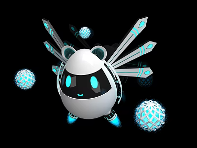 Smart Robot With White Panda Head Design Blue Eyes Glowing Elements And Blue Spherical Objects 3d model
