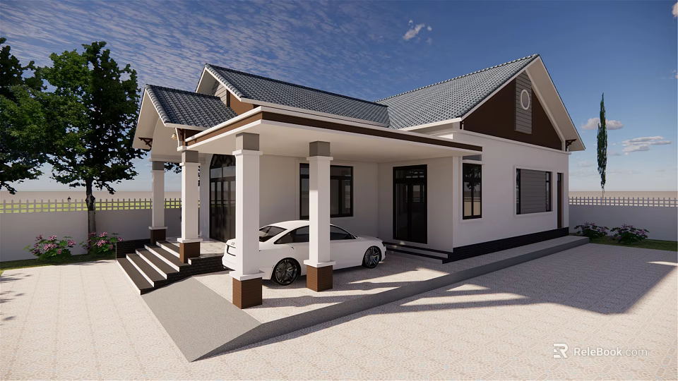 Detached House White Exterior Dark Roof Covered Porch Columns White Car Front Steps Green Trees 3d model 