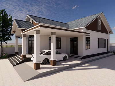 Detached House White Exterior Dark Roof Covered Porch Columns White Car Front Steps Green Trees 3d model