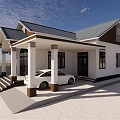 Detached House White Exterior Dark Roof Covered Porch Columns White Car Front Steps Green Trees