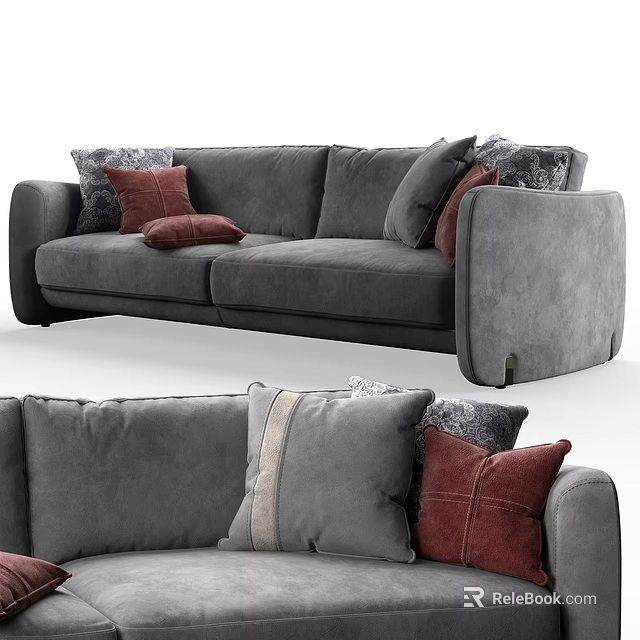 Gray Fabric Double Sofa With Modern Design And Red Patterned Decorative Pillows 3d model