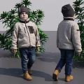 Children Wearing Beige Jackets Dark Hats And Blue Jeans Near Green Plants Under Blue Sky