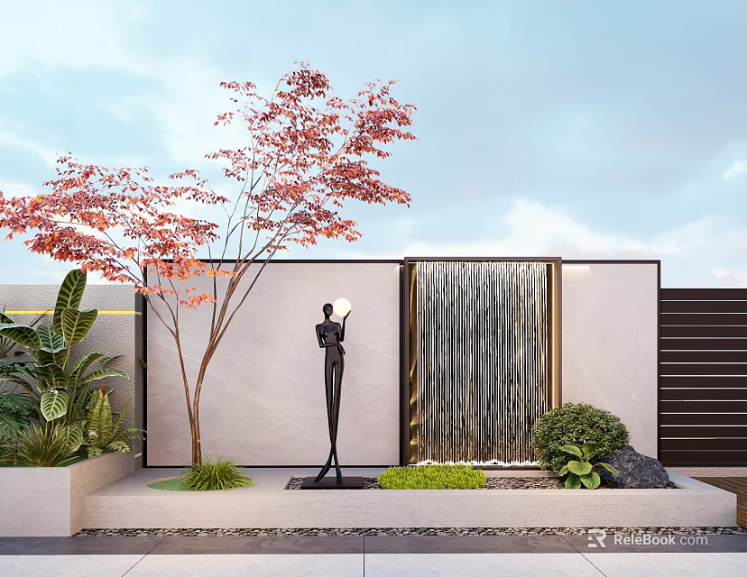 Scenic Waterfall Wall with Black Statue Red Leaf Tree Green Plants and Stone Pavement 3d model 