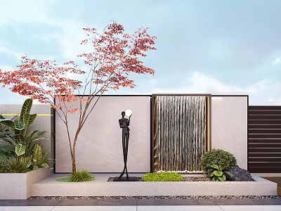 Scenic Waterfall Wall with Black Statue Red Leaf Tree Green Plants and Stone Pavement 3d model