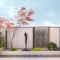 Scenic Waterfall Wall with Black Statue Red Leaf Tree Green Plants and Stone Pavement