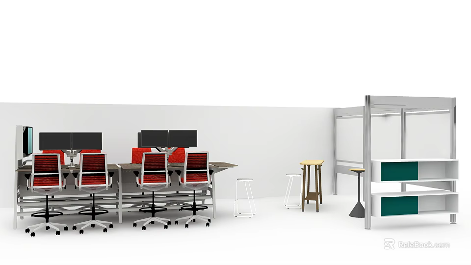 Public Office Space With Desks Red Chairs Computer Monitors Stools And Shelves 3d model