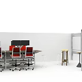 Public Office Space With Desks Red Chairs Computer Monitors Stools And Shelves 3d model
