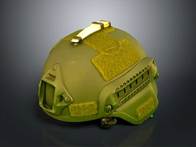 Green Tactical Military Helmet With Yellow Felt Pads Metal Fittings And Side Design 3d model