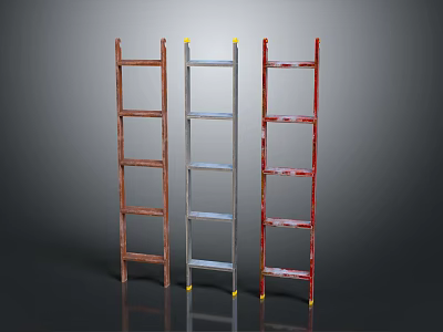 Three Different Colored Ladders With Brown Silver Red Frames And Yellow Non Slip Pads 3d model