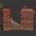 Red Brick Architectural Twin Towers Featuring Connecting Staircase Windows And Pinnacle