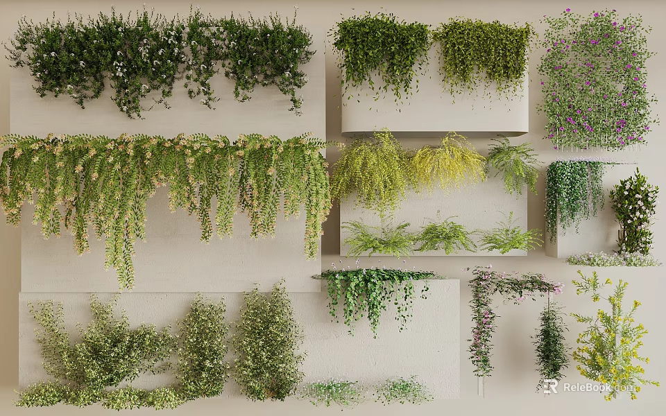 Various Types of Decorative Vines with Green Yellow Leaves and Hanging Patterns 3d model 