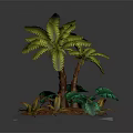 Lush Tropical Palm Trees With Green And Red Foliage On Mossy Ground Against Gray Background