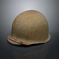 Vintage Worn Military Helmet With Olive Green Scratched Surface And Chin Strap