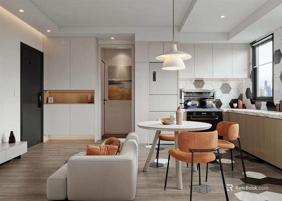 Modern Apartment Interior With Open Living Kitchen White Cabinets Round Table Orange Chairs Pendant Light 3d model 