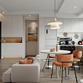 Modern Apartment Interior With Open Living Kitchen White Cabinets Round Table Orange Chairs Pendant Light