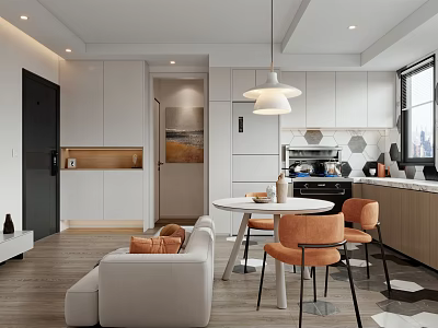 Modern Apartment Interior With Open Living Kitchen White Cabinets Round Table Orange Chairs Pendant Light 3d model