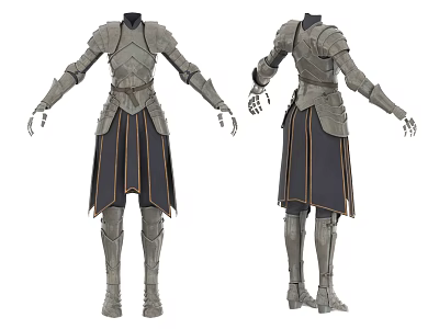 Medieval Armor Costume Detailed Design With Front And Back Views Silver Gray Metal Dark Skirt 3d model