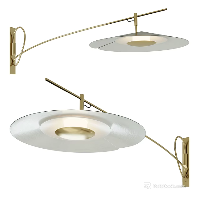 Modern Elegant Wall Lamp With Brass Arm And White Round Shade Design 3d model 