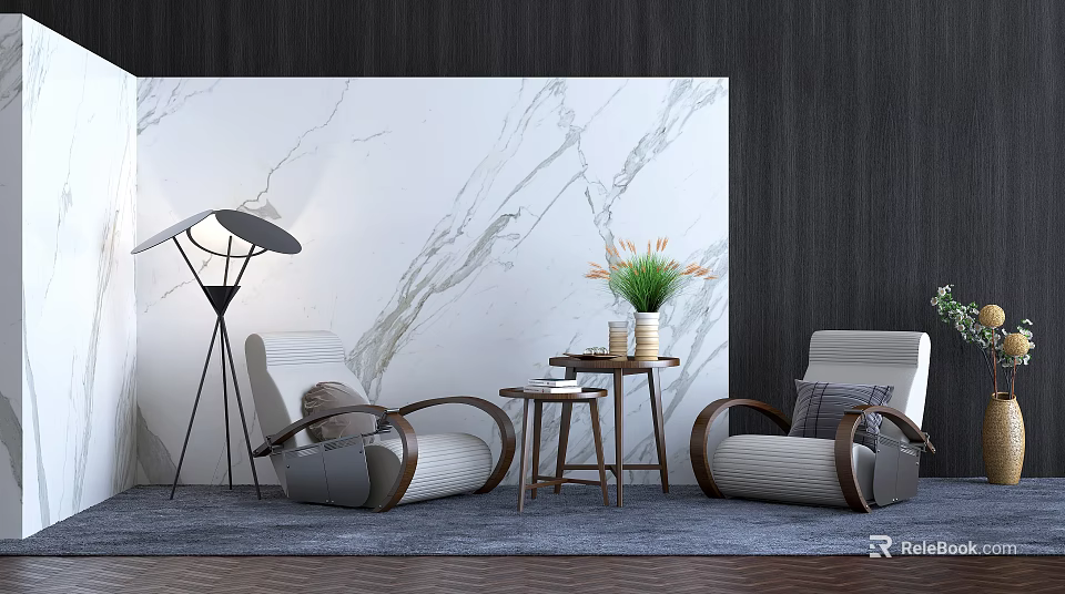 Leisure Sofa Set with Marble Wall Round Table Green Plants and Floor Lamp 3d model