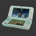 White Open Handheld Gaming Console With Dual Screens Showing Action Game Scenes And Control Buttons