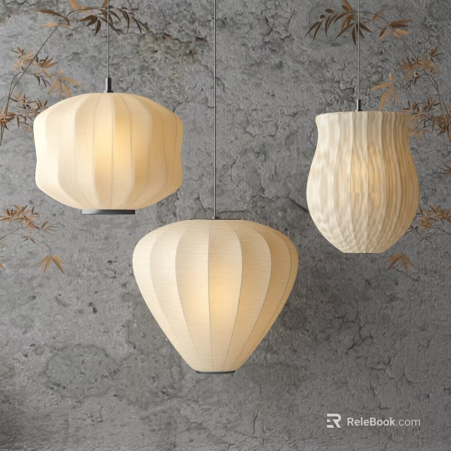 Elegant Beige Paper Lanterns Hanging As Pendant Lights With Pleated Design And Bamboo Leaves 3d model 