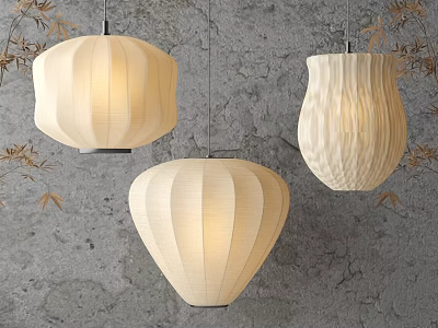 Elegant Beige Paper Lanterns Hanging As Pendant Lights With Pleated Design And Bamboo Leaves 3d model