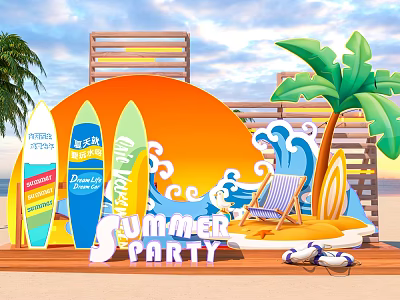 Summer Party Beach Scene With Surfboards Palm Trees Deck Chair And Lifebuoys 3d model