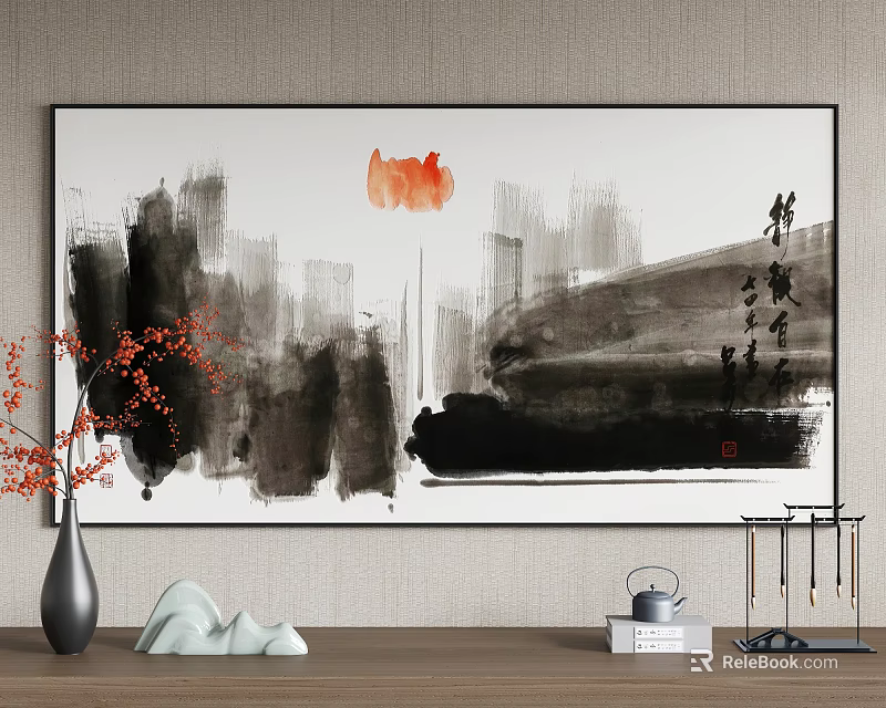 Chinese Ink Landscape Painting With Black Gray Washes Red Circle And Calligraphic Characters 3d model 