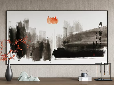 Chinese Ink Landscape Painting With Black Gray Washes Red Circle And Calligraphic Characters 3d model