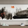 Chinese Ink Landscape Painting With Black Gray Washes Red Circle And Calligraphic Characters