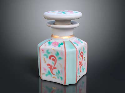 Decorative Hexagonal Ceramic Bottle With Pastel Floral Vines And Gold Accents 3d model