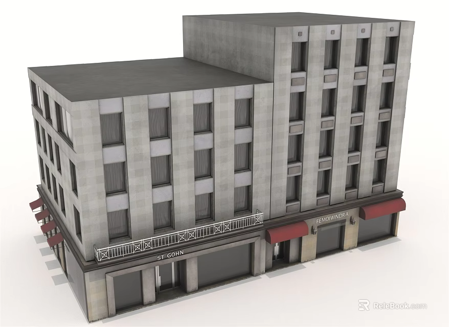 Multi Floor Building Exterior With Gray Facade Red Awnings Community Center Retail Spaces 3d model 
