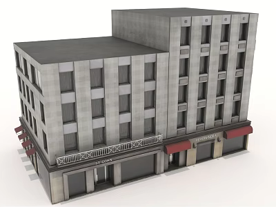 Multi Floor Building Exterior With Gray Facade Red Awnings Community Center Retail Spaces 3d model