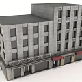 Multi Floor Building Exterior With Gray Facade Red Awnings Community Center Retail Spaces